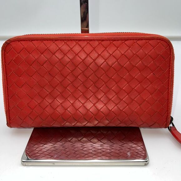 Bottega Veneta Handbags - Bottega Veneta Red/Orange Intrecciato Woven Nappa Leather Zip Around Wallet